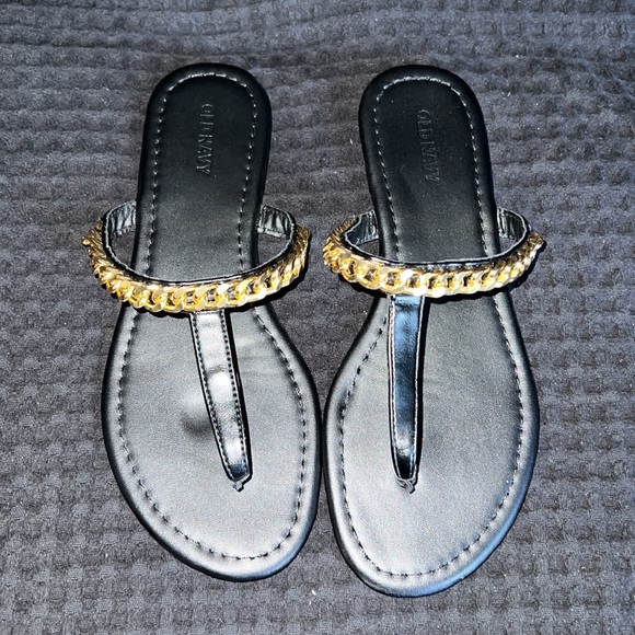 Old Navy Women Black Faux-Leather T-Strap with Gold Accent Sandals - Picture 1 of 6